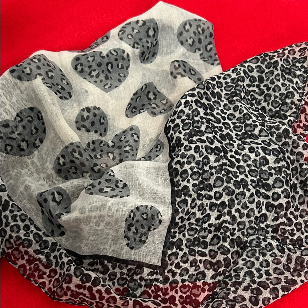 Leopard Print Polyester Scarf with Heart Accents